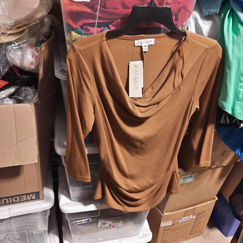 NEW TAG ! Studio JPR Women Drape Neck 3/4 Sleeve Dress Brown Size PM